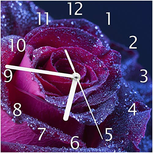 Wallario Design-Wanduhr Rote Rosenblüte im Regen aus Glas, Motiv-Uhr Größe 20 x 20 cm, weiße Zeiger