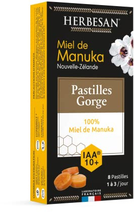 HERBESAN -PASTILLE MIELE DI MANUKA ATTIF-IAA10+(MGO263+)-Origine Nuova Zelanda garantita- Rassicurazione della gola- Confezione da 8 pastiglie