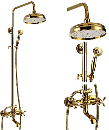 gotonovo Bathroom Shower Faucet Rain Mixer 8 Inch Round Shower Head Double Cross Handle with Tub Spout Wall Mount Bathroom Shower Fixtures 3 Function Metal Handheld Sprayer Polished Gold