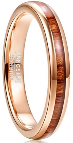 NUNCAD Bague Femme Or Rose en Tungstène avec Bois, Alliance Anneau pour Alliance Fiançailles Anniversaire 4mm, Taille 52(16.6)