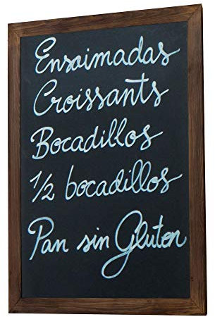 Pizarra negra marco madera vintage. 128 x 40 cm. Apta para tizas y rotuladores de tiza liquida. Pizarra enmarcada en madera natural color nogal rústico. Ideal para decoración, hostelería, bares.