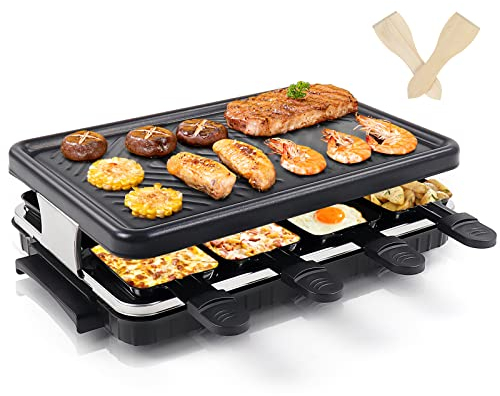 HengBO Raclette 8 Personas - 2 en 1 Raclette Grill con 8 Mini Sartenes y Reversible para Grill y Crepes - 1300 W