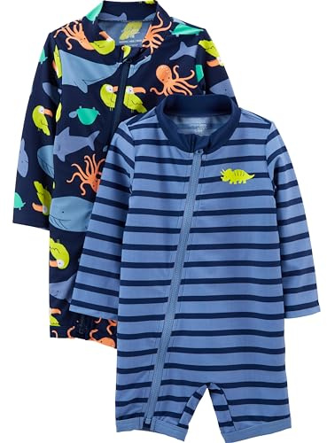 Simple Joys by Carter's Assorted Rashguard-Set Costume Intero, Blu Marino Amici Marini/Porpora Righe, 3 Anni (Pacco da 2) Bambino-Ragazzi