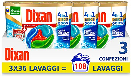 Dixan Discs - Limpiador e higiene - Lavadora previa en cápsulas 4 en 1, 3 x 36-108 Lavados - 2700 g