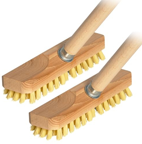 Novaliv Lot de 2 balais et manche en bois avec soies en plastique avec filetage et tige télescopique | Brosse de sol PPN | Idéal pour le nettoyage balcon terrasse jardin intérieur extérieur