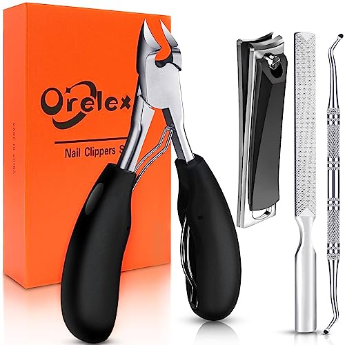 Orelex Nagelzange Profi, Nagelschere für Dicke & Eingewachsene Zehennägel | Fussnagelzange aus Edelstahl, 4 Stück Pediküre Set mit Nagelfeile & Nagelknipser, Ideal für Senioren, Frauen und Männer