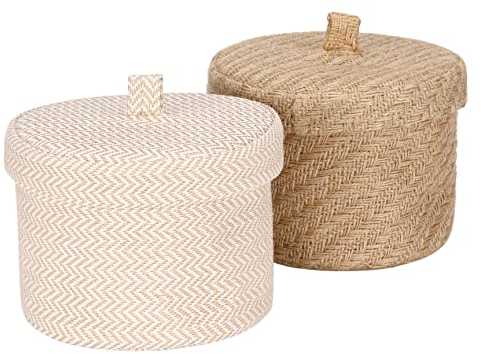 Sea Team 2 Pack Jute und Baumwolle Leinen Aufbewahrungskorb Nette runde Box für Toilettenartikel Spielzeug Verschiedenes Artikel 2 Liter Schreibtisch Gadget Organizer mit Deckel (Small C)