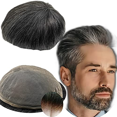 Echthaar Toupet für Männer,Yanahair Glattes Haar dünne französische Spitze Gebleicht Knoten natürlichen Haaransatz Perücken Haarsystem Europäische Echthaar Perücke Mann(10x8,#1B40 schwarz und grau)