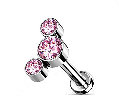 Paula & Fritz® Push-In Labret Piercing Silber Zirkonia Pink Titan-IUM Grade 23 Kugel Piercing Set Mehrfarbig 1-mm Stab-Dicke Madonna Medusa Helix