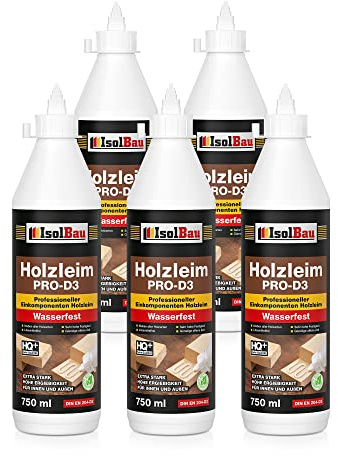 Isolbau Holzleim PRO-D3-5 x 750 ml (860 g) Extra starker Holzkleber für alle Holzarten, für Innen & Außen, Wasserfest, Lösemittelfrei