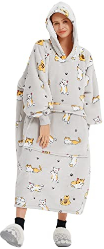 Sacebeleu Kuscheldecke mit Ärmeln,Oversized Weich Decke Hoodie Sweatshirt,Sherpa Kapuzenpullover für DamenHerren,Flauschige Flanell TV-Decke mit Ärmel,Tragbar Ganzkörperdecke,Grau Katze
