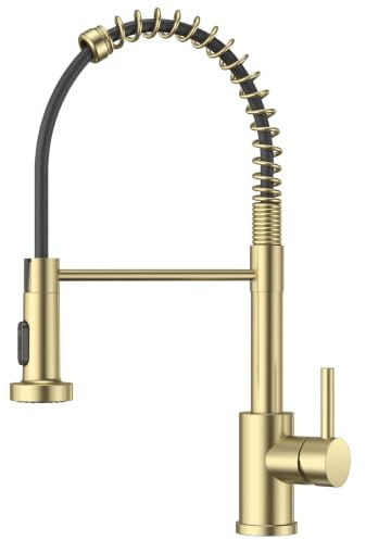 FORIOUS Kitchen Tap, Spring Kitchen Sink Mixer Taps, Commercial Faucet Single Handle Lever, High Arc Swivel 360 with 2 Spray Mode, Brushed Gold