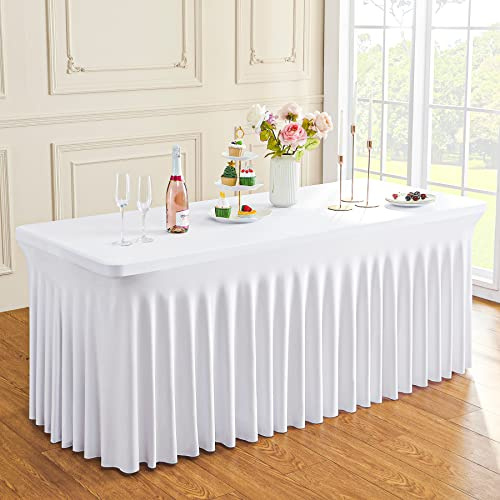 Weiße Dehnbare Spandex Tischdecke für 1.8m Rechteckige Tisch, Waschbare und knitterfreie Stretch Tischdecke Rechteckig für Partys Veranstaltungen, Hochzeiten, Bankette, [183Lx76Wx74H] cm