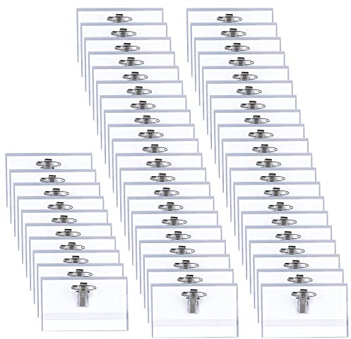 Vegena Lot de 50 Porte Badge Transparent, Badges avec Épingle, Porte Badge Plastique avec Epingle et Clip, Porte Carte Plastique pour Ecole Entreprise Bureaux (90 × 56 mm)