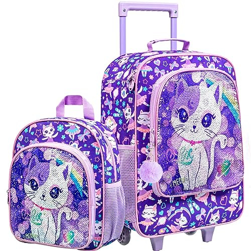 KLFVB Kids Luggage for Girls, Cute Cat Rolling Wheels Suitcase for Toddler, Children Travel Carry on Luggage