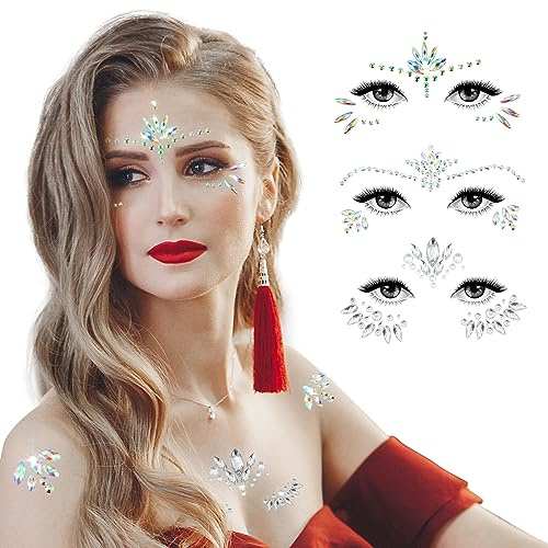simarro Halloween Gesicht Edelsteine, 3 Sätze von temporären Tattoos Gesicht Aufkleber Glitter Edelsteine Strass Augen Gesicht Körper Tattoos für Musik Festival Party Make-up Outfit Zubehör