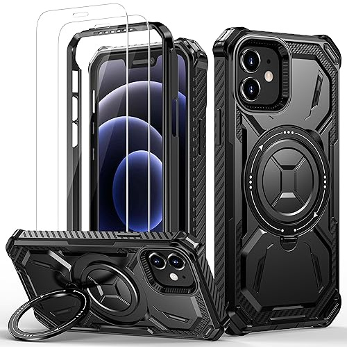 Lanhiem für iPhone 12/12 Pro Hülle, 360° Ring Ständer, Stoßfest Armor-Black | mit 2 Stück Schutzfolie, Robust Bumper Schutzhülle, Militärischer Panzerhülle, Kratzfest Handyhülle für iPhone 12/12 Pro Case