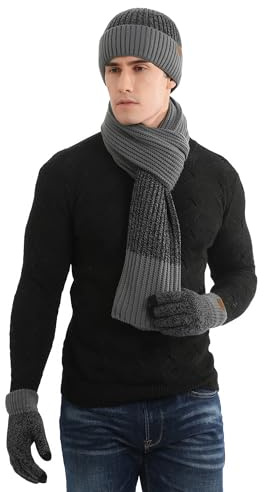 Hilmocho Herren Hut Schal Handschuhe Set 3 in 1 Winter Warm Gestrickte Mütze Lange Schal Touch Screen Handschuhe Geschenk Set