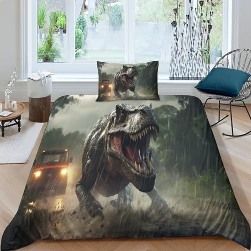GEEYOU Dinosaures Aide Au Sommeil Parure De Lit Microfibre Douce Tyrannosaurus Rex Literie Confortable Linge De Lit Lavable Housse De Couette Résistant À l'usure Comfort Cover Single（135x200cm）