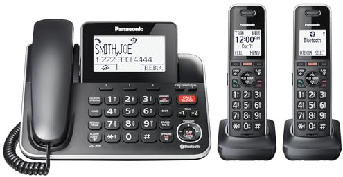 Panasonic Link2Cell Expandable Phone with Digital Answering System & Smart Call Blocker, One Corded Base Unit and Two Cordless Handsets Black - KX-TGF882B