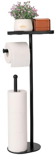 Kingmate Support de papier toilette sur pied avec étagère pour téléphone, peut contenir 5 rouleaux de papier, support de rouleau de papier toilette noir pour salle de bain, robuste pour plantes en pot