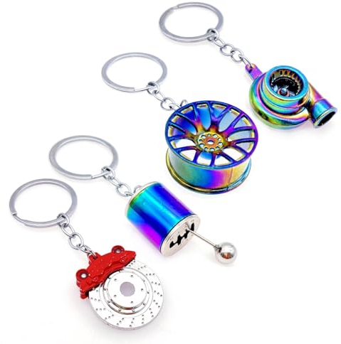JZK 4x Modelli di ricambi auto in metallo portachiavi turbo per auto turbocompressore mozzo ruota leva del cambio pinza pastiglia freno, regalo per uomo e meccanico di auto e appassionato