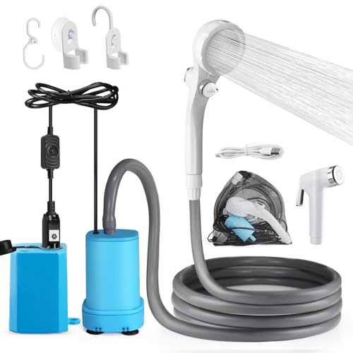 AUTOPkio Ducha Camping Portátil, Ducha Acampada 12V 24V al Aire Libre con 4500mAh Batería Recargable y Bomba para Autocaravanas, Viajes, Lavado de Autos (Azul)
