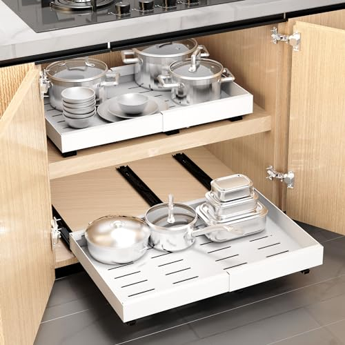 WISD Teleskopschublade - Ausziehbarer Schrank Organizer Mit 3 Schienen - Kein Bohren - Verstellbare Breite (32-48cm) - Schrank Schubladen Ausziehbar für Küche, Speisekammer, Bad (Weiß, 1 Stück)
