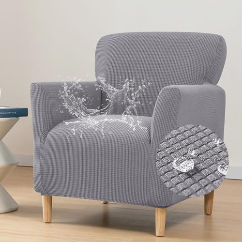 Highdi Stretch Sesselbezug aus Wasserdichter Jacquard Sesselhusse Sesselschoner rutschfest Sofa Überzug 1 Sitzer mit Armlehnen, für Relax-Sessel, Cocktailsessel, Clubsessel (Hellgrau)