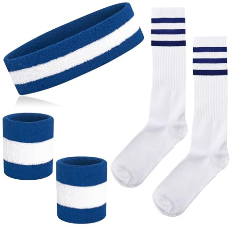 NANXJIUR Juego de 5 calcetines a rayas para el sudor, muñequeras deportivas, calcetines de tubo alto, accesorios de los años 80 para hombres y mujeres, disfraces de los años 90, juego de calcetines a