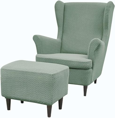 HACLEN Ohrensessel Bezug mit Ottoman Bezug, Jacquard Ohrensessel Schonbezug mit Kissenbezug dehnbarer waschbarer Ohrensessel-Bezug (Grün,Einheitsgröße)