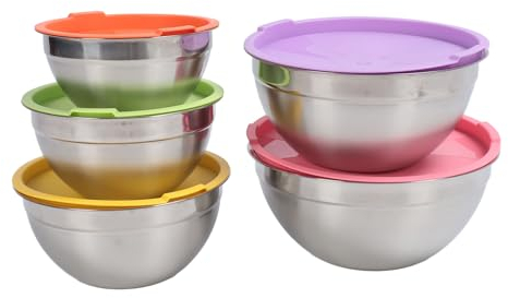 Sunicon Rührschüsseln 5er Set, Edelstahl Schüssel Set, Stapelbares Gourmet Schüssel Set für die Küche Spülmaschinenfeste Salatschüsseln Snackschüsseln und Schalen