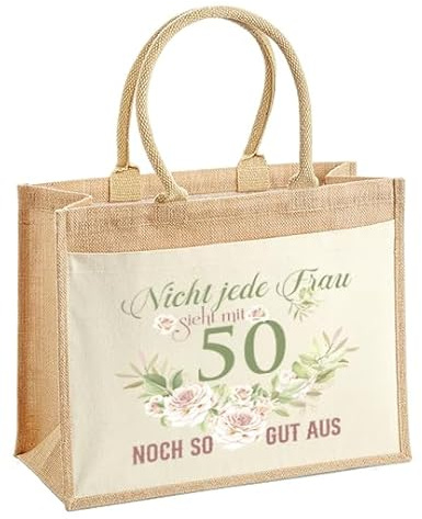 LIEBTASTISCH - Nachhaltige Jutetasche - Geschenk zum 50. Geburtstag Frau - Nicht jede Frau sieht in diesem Alter noch so gut aus (50 Jahre, L (42x33x19 cm))