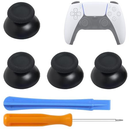 2 par ersättningsknappar, kompatibla med PS5 och PS4-kontroller, 4 stycken texturerade analogsticks joystick fästen, innehåller verktyg för enkel installation – svart, styrenhetsfästen