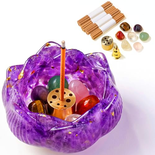 RJINGSHI Amethyst Crystal Lotus Incense Burner Holder, Resin Lotus Figurine with Mini Ash Catcher and 40 Sticks, Spiritual Gifts for Zen Meditation and Yoga, Aesthetic Bedroom and Desk Ornaments