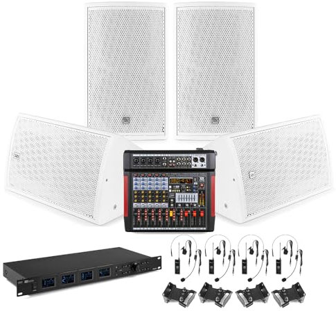 Professional PA System with 4x White 8 Installation Speakers, Wireless Headset & Lapel Microphone System, 6-Channel Mixer, Amplifier, Bluetooth & DSP Effects for Events | wireless headset microphone