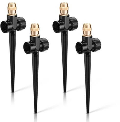 Tioncy Lot de 4 arroseurs automatiques en métal sur base à pique, rotation à 360 degrés avec buse réglable en laiton pour pelouse, jardin, cour (noir)