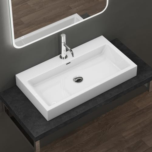 doporro Lavabo da Appoggio Rettangolare, Lavabo Bagno Sospeso con Foro Rubinetto e Troppopieno, Lavandino in Marmo Resina Bianco Lucido 76.5x42x10cm, Colossum06