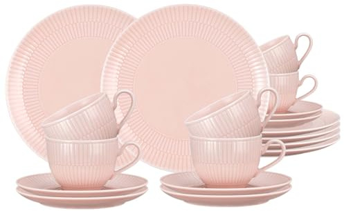 Seltmann Weiden Amina Kaffeeservice 18-teilig, Kaffeetassen mit Untertassen (250 ml) und Frühstücksteller (23 cm) für 6 Personen, Geschirr-Set mit dezentem Relief-Muster, Porzellan, Rosé