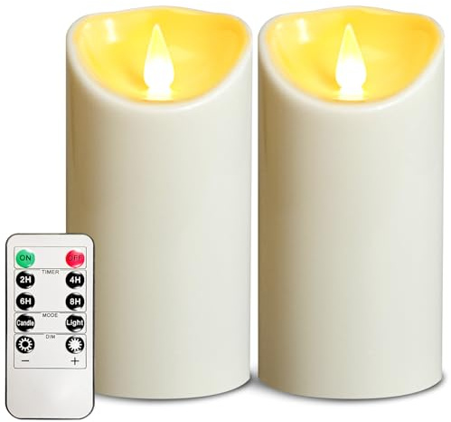 OSHINE - Velas de plástico sin llama para exteriores, paquete de 2 unidades, color marfil, velas falsas con pilar LED, funciona con pilas, control remoto y temporizadores, velas falsas eléctricas