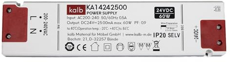 kalb | Alimentation LED 24V DC Velion, certifiée TÜV, ultra plate 17 mm, IP20, transformateur 230V vers 24V, 15 W 30 W 60 W, pour rubans LED et éclairage (60, Watts)