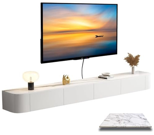TV-Schrank mit Schubladen, modern, Weiß und Marmor, schwimmend, 120–300 cm, stilvolle Wandmontage, TV-Schrank mit Schubladen, Wohnzimmer, Entertainment Center, 260 cm, TV-Sideboard
