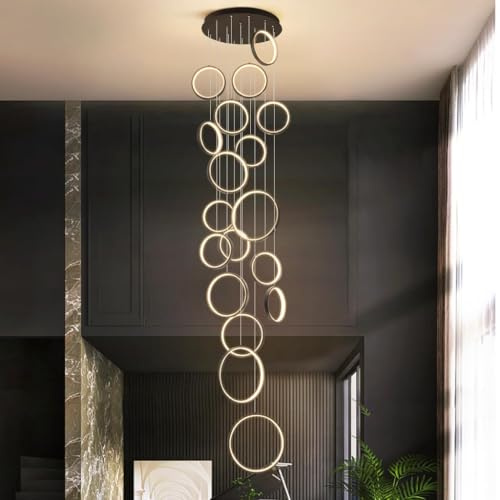 18 Lights Spiral Staircase LED Chandelier with Remote control,Dimmable Long Chandelier for Villa,Arch,High Ceiling Foyer,300cm Adjustable Height,Large Stair Ceiling Light(18 lights