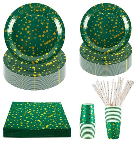 CEILIWEN 125PCS Green & Gold Stars Party Tableware Set - 9'' & 7'' Foil Paper Plates, Napkins, Cups & Straws - for Christmas, Birthday, Wedding, Graduation, New Year (Green & Gold Stars)
