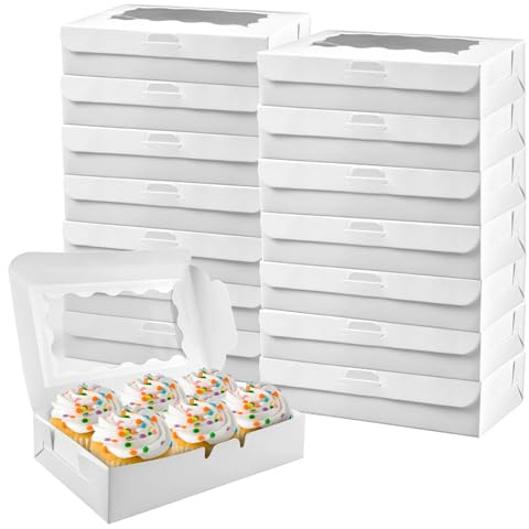 15 Stück Weiße Kraftpapier Cupcake Transportbox Karton mit Sichtfenster | 17,8x10,9x3,8 cm Cupcake-Boxen mit Fenster, Wiederverwendbar Weiße Bäckereikartons mit Fenster, für Hochzeit, Familienfeiern