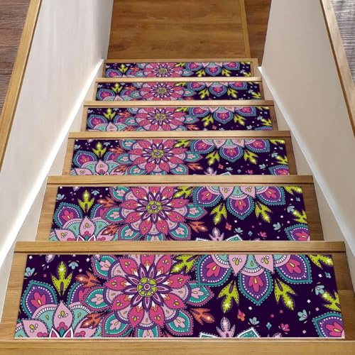 Eslifey Alfombra antideslizante para peldaños de madera, diseño de mandala, flores moradas, estilo bohemio, colores brillantes, para peldaños de madera, 30 x 8 pulgadas, antideslizantes, para