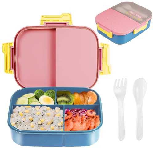 Fiambrera, Lunch Box 1250ml, Bento Box Hermética, 4 Compartimentos Con Cubiertos, Apta Para Lavavajillas y Microondas (sin BPA), Adecuada Para Adultos y Niños, Picnic escolar del trabajo (rose)