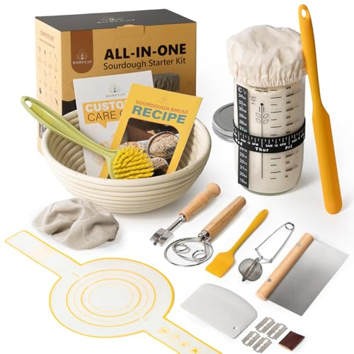 Sourdough Starter Kit, Banneton Bread Proofing Basket Set with 24oz Starter Jar, Sourdough Bread Baking Supplies with 9'' Round Banneton Baskets, Bread Making Baking Tools Gifts for Bakers