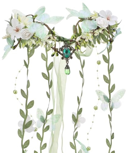 MOSTORY Feen Krone Elfen Kopfschmuck Waldfee Kopfschmuck Karneval Kostüm Blumenkranz Waldelfen Kostüm Damen
