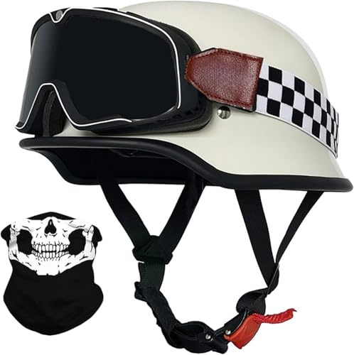 Vintage Tedesco Mezzo Casco Moto Con Occhiali, Casco A Faccia Aperta Retrò Omologato DOT/ECE, Casco Moto Jet Casco Scooter, Casco A Scodella Per Donna E Uomo Adulto 16,M=57-58CM